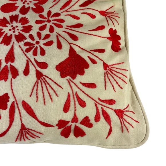 Vintage Floral Embroidered Square Accent Pillow Cream Red Small Couch Chair 14” - Picture 3 of 16